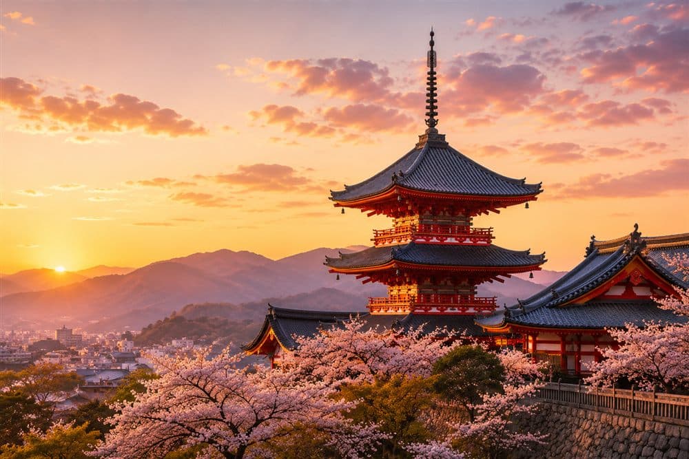 Pagoda japonesa al atardecer entre cerezos